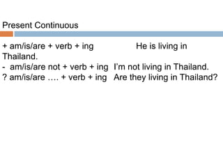 Present Continuous
+ am/is/are + verb + ing
He is living in
Thailand.
- am/is/are not + verb + ing I’m not living in Thailand.
? am/is/are …. + verb + ing Are they living in Thailand?

 