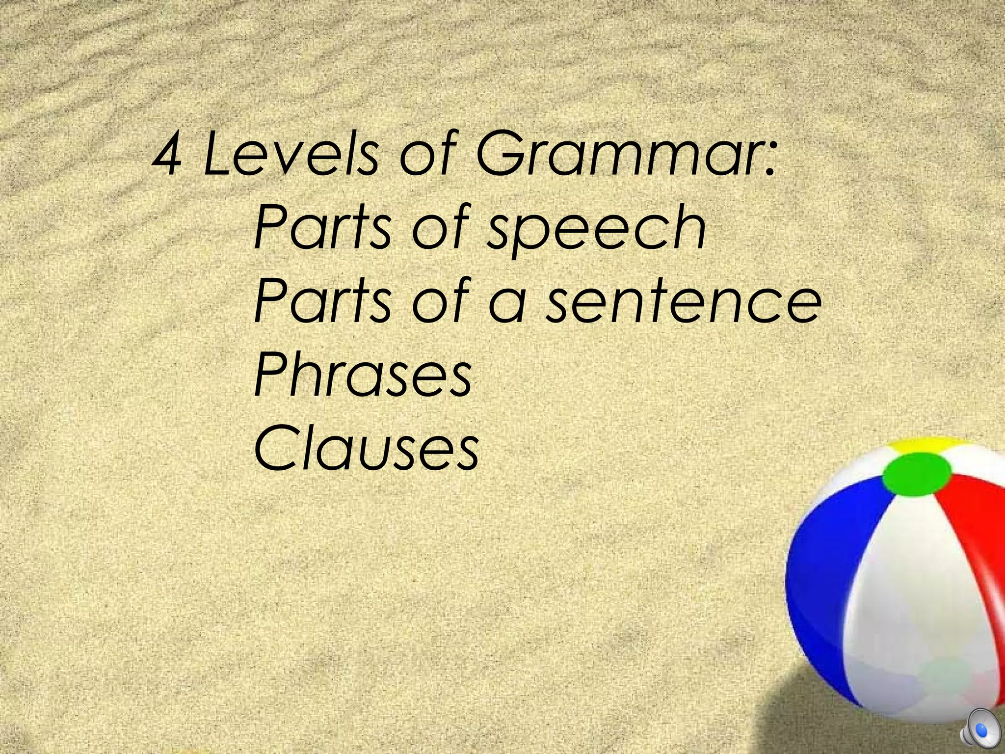 4 Levels of Grammar:
    Parts of speech
    Parts of a sentence
    Phrases
    Clauses
 