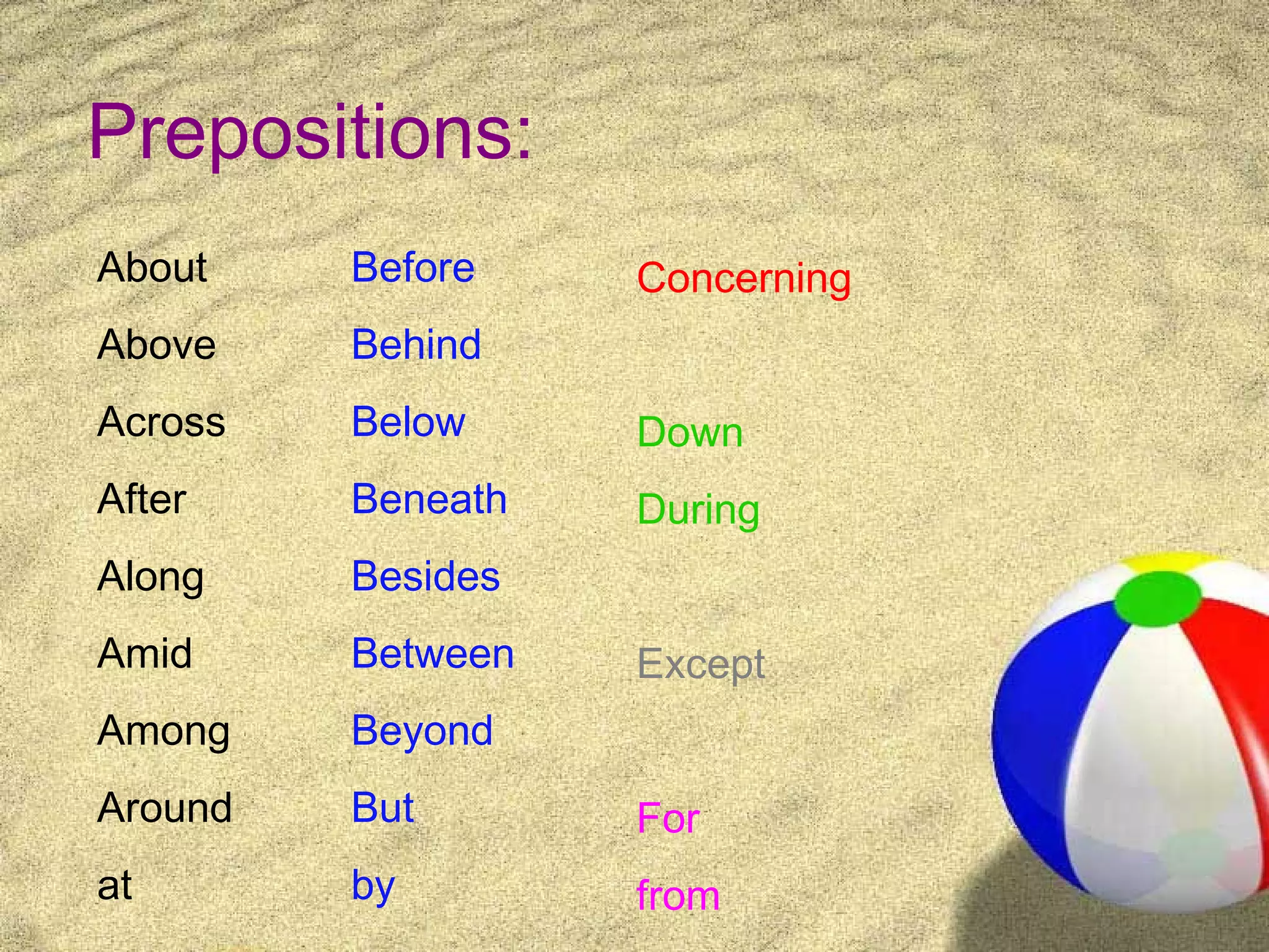 Prepositions:
About    Before    Concerning
Above    Behind
Across   Below     Down
After    Beneath   During
Along    Besides
Amid     Between   Except
Among    Beyond
Around   But       For
at       by        from
 