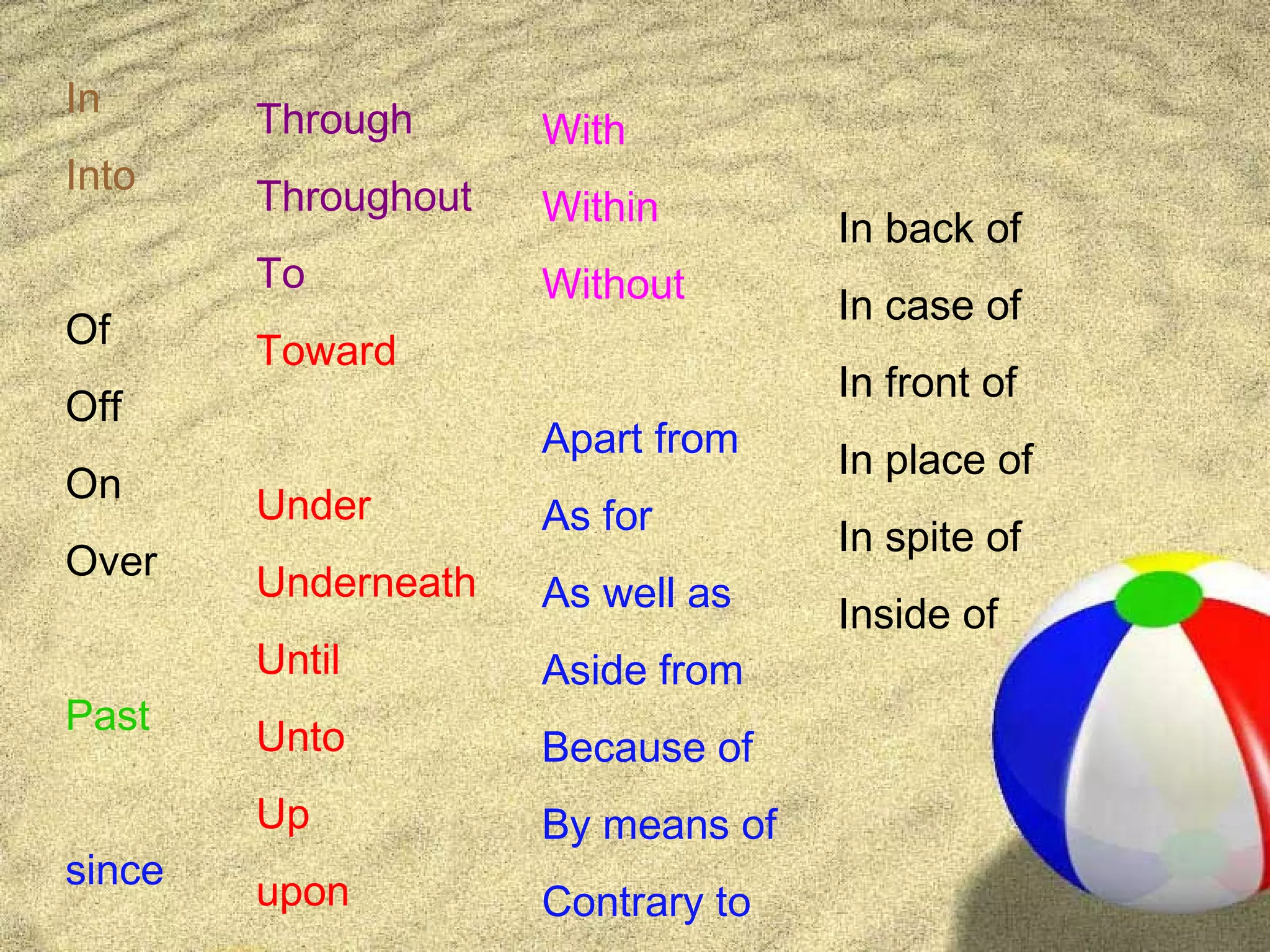 In      Through      With
Into    Throughout   Within        In back of
        To           Without       In case of
Of      Toward
                                   In front of
Off
                     Apart from    In place of
On      Under        As for        In spite of
Over    Underneath   As well as    Inside of
        Until        Aside from
Past    Unto         Because of
        Up           By means of
since   upon         Contrary to
 