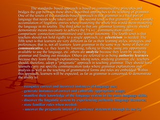 The standards- based-approach is based on communicative principles and bridges the gap between these above described approaches to the teaching of grammar. One of the tenets of the standards-based approach is that grammar is a vital part of language that needs to be taken care of. The second tenet is that grammar  is not a simple accumulation of linguistic entries where mastering the whole bits would mean mastering the language in its totality. The third tenet is that any grammar learning activity should demonstrate means necessary to achieve the 5 Cs (= communication/culture: comparison/ connection/communities) and learner autonomy. The fourth tenet is that teachers should not hold rigidly to a single approach, i.e.  eclecticism  is needed. The fifth tenet is that learners are very different as far as their learning styles, strategies, and preferences; that is, not all learners  learn grammar in the same way. Some of them are  communicative,  i.e. they learn by listening, talking to friends, using any opportunity available to use the language, etc. others are  analytic  because they learn by studying grammar and finding out mistakes. Others are referred to as being  authority learners  because they learn through explanations, taking notes, studying grammar, etc. teachers should, therefore, adopt a “pragmatic” approach in teaching grammar. They should have learners carry out specific communication tasks where grammar explanations and analysis as well as the teaching of grammatical forms and rules are embedded. Within this approach, learners will be expected, as far as grammar is concerned, to demonstrate the ability to:  - recognize correct and incorrect instances of language use; - generate instances of correct and culturally appropriate usage; - manifest their knowledge of the language system in the main language skills; - discover the linguistic system by experiencing authentic language discourse; - state familiar rules when needed;  - uncover the pragmatic intent of a sentence/ statement through its use (s) 