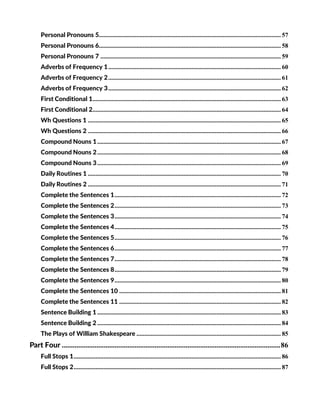 Personal Pronouns 5.................................................................................................................... 57
Personal Pronouns 6.................................................................................................................... 58
Personal Pronouns 7 ................................................................................................................... 59
Adverbs of Frequency 1.............................................................................................................. 60
Adverbs of Frequency 2.............................................................................................................. 61
Adverbs of Frequency 3.............................................................................................................. 62
First Conditional 1........................................................................................................................ 63
First Conditional 2........................................................................................................................ 64
Wh Questions 1 ........................................................................................................................... 65
Wh Questions 2 ........................................................................................................................... 66
Compound Nouns 1..................................................................................................................... 67
Compound Nouns 2..................................................................................................................... 68
Compound Nouns 3..................................................................................................................... 69
Daily Routines 1 ........................................................................................................................... 70
Daily Routines 2 ........................................................................................................................... 71
Complete the Sentences 1.......................................................................................................... 72
Complete the Sentences 2.......................................................................................................... 73
Complete the Sentences 3.......................................................................................................... 74
Complete the Sentences 4.......................................................................................................... 75
Complete the Sentences 5.......................................................................................................... 76
Complete the Sentences 6.......................................................................................................... 77
Complete the Sentences 7.......................................................................................................... 78
Complete the Sentences 8.......................................................................................................... 79
Complete the Sentences 9.......................................................................................................... 80
Complete the Sentences 10 ....................................................................................................... 81
Complete the Sentences 11 ....................................................................................................... 82
Sentence Building 1 ..................................................................................................................... 83
Sentence Building 2 ..................................................................................................................... 84
The Plays of William Shakespeare ............................................................................................ 85
Part Four ........................................................................................................................86
Full Stops 1.................................................................................................................................... 86
Full Stops 2.................................................................................................................................... 87
 