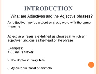 INTRODUCTION   What are Adjectives and the Adjective phrases? An adjective may be a word or group word with the same meani...