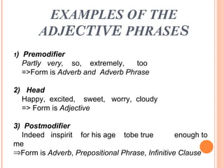 EXAMPLES OF THE   ADJ ECTIVE  PHRASE S <ul><li>1 )  Premodifier </li></ul><ul><li>Partly  very ,   so ,   extremely ,   to...