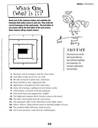 20
Which One
(Won) Is It?
Read each of the sentences below, and underline the
homonym that makes sense in each one. Then write the
correct homonyms in the snail puzzle. The last letter of
one answer will be the first letter of the next answer.
Some answers will go around corners.
SKILL: Homonyms
FAST FACT
Homonyms are words
that sound alike but
have different spellings
and meanings. For
example: peace/piece
and bare/bear.
1. My (aunt, ant) is coming to visit for a few weeks.
2. Jack likes to play soccer (to, too, two).
3. We will eat lunch in about (one, won) hour.
4. Rosa’s brother is (ate, eight) years old.
5. Nigel (threw, through) the ball to first base.
6. Room 16 is having a spelling test next (weak, week).
7. I don’t (know, no) where I left my backpack.
8. How much does your puppy (way, weigh)?
9. The frightened campers (herd, heard) a noise in the forest.
10. The (dear, deer) drank from the cool stream.
11. The principal’s office is the third door on the (right, write).
12. (There, They’re, Their) favorite movie is showing tonight at 8 p.m.
13. The audience filled 100 (rose, rows) of seats.
14. Lori’s arm was (sore, soar) after her softball game.
1 2 3
5
11
6
7
8 14
9 4
10
12
13
Grammar
Puzzles
&
Games
Kids
Can't
Resist!
©
Karen
Kellaher,
Scholastic
Teaching
Resources
 
