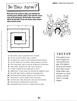 21
Do They Agree?
Read each of the sentences below, and underline the
verb that agrees with the subject. Then write the correct
verbs in the snail puzzle. The last letter of one answer
will be the first letter of the next answer. Some answers
will go around corners.
SKILL: Subject/Verb Agreement
FAST FACT
If the subject of a sen-
tence is singular, the
verb must also be sin-
gular. If the subject is
plural, the verb must be
plural. Here’s a secret,
though: While a noun
that ends in -s is usual-
ly plural, a verb that
ends in -s is usually
singular!
1. Bears (has, have) a powerful sense of smell.
2. We (eat, eats) out about twice a month.
3. He always (try, tries) to do his homework before dinner.
4. On the island, the sun (shine, shines) almost every day.
5. The recipe (says, say) to cook the muffins for 25 minutes.
6. They (swim, swims) in the lake every afternoon.
7. I (make, makes) the best lemonade in town!
8. Ralph (earn, earns) money by mowing his neighbor’s lawn.
9. The kids often (swing, swings) at the playground.
10. My house plants (grows, grow) an inch every month.
11. Henry (were, was) in charge of the class party.
12. At lunch time, Rita always (sit, sits) near the windows.
13. They (switch, switches) seats every week.
14. Christopher (has, have) on a striped sweater today.
1 2 3
11
6 5
7 14
9
8
4
10
12
13
Grammar
Puzzles
&
Games
Kids
Can't
Resist!
©
Karen
Kellaher,
Scholastic
Teaching
Resources
 