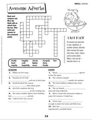 26
Awesome Adverbs
Read each
sentence and
fill in the
blank with an
adverb from
the box. Then
write your
answers in
the crossword
puzzle.
SKILL: Adverbs
FAST FACT
An adverb can describe
a verb, adjective, or
another adverb. Adverbs
often answer the ques-
tions how, when, where,
and to what extent.
Many—but not all—
adverbs end in -ly.
ACROSS
1. Hillary ate her soup
__________________________.
4. Natasha hit the ball
_________________________ and ran to first base.
6. David brushed the canvas
______________________ with yellow paint.
8. All of the students did very
__________________________ on the reading test.
9. The twins couldn’t believe their birthday
had ___________________ arrived.
11. I will sit here; you can sit
_______________________.
DOWN
1. Bryan __________________________ agreed
to join the game.
2. The crickets chirped
________________________ outside the window.
3. The tired children walked home from
school ____________________ .
5. The cat hissed __________________________
when the dog walked by.
7. When I heard the announcer begin to
name the winners, I looked up
_______________________________ .
9. Tricia runs __________________________
enough to make the track and field team.
10. Kyle has _____________________________
experienced a snowfall before.
loudly
hard
angrily
happily
well
hopefully
slowly
lightly
never
hungrily
there
finally
fast
1
3
4 5
6 7
2
8
9
11
10
Grammar
Puzzles
&
Games
Kids
Can't
Resist!
©
Karen
Kellaher,
Scholastic
Teaching
Resources
 
