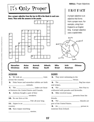 27
It’s Only Proper
Use a proper adjective from the box to fill in the blank in each sen-
tence. Then write the answers in the puzzle.
SKILL: Proper Adjectives
ACROSS
1. We took an _________________________ train
across the country.
3. Polar bears and snowshoe rabbits are both
_____________________ animals.
7. The ______________________ Lakes are locat-
ed between the United States and Canada.
8. Anthony bought a pair of blue
________________________ sneakers.
10. No one lives at the
__________________________ Pole all year long.
11. Japan is an ____________________________
country.
12. Sara enjoys watching
__________________________ movies.
DOWN
2. They went swimming in the
__________________________ Ocean.
3. The ________________________ flag has stars
and stripes.
4. The ________________________ New Year is
celebrated with parades and fireworks.
5. Mike received many
__________________________ presents from his
friends.
6. The _________________________ Islands are
part of the United States.
9. An ___________________________ person is
someone from Ireland.
Hawaiian
Christmas
Asian
Arctic
Amtrak
Disney
Atlantic
South
Nike
Great
Irish
American
Chinese
FAST FACT
A proper adjective is an
adjective that forms
from a proper noun. For
example, a king from
England is an English
king. A proper adjective
uses a capital letter.
1 2
3
6
7
8
9 10
11
12
4 5
Grammar
Puzzles
&
Games
Kids
Can't
Resist!
©
Karen
Kellaher,
Scholastic
Teaching
Resources
 