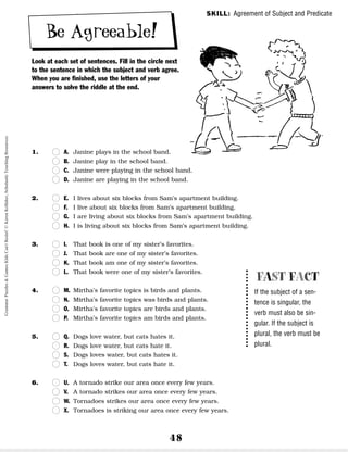 48
Be Agreeable!
Look at each set of sentences. Fill in the circle next
to the sentence in which the subject and verb agree.
When you are finished, use the letters of your
answers to solve the riddle at the end.
1. n
n A. Janine plays in the school band.
n
n B. Janine play in the school band.
n
n C. Janine were playing in the school band.
n
n D. Janine are playing in the school band.
2. n
n E. I lives about six blocks from Sam’s apartment building.
n
n F. I live about six blocks from Sam’s apartment building.
n
n G. I are living about six blocks from Sam’s apartment building.
n
n H. I is living about six blocks from Sam’s apartment building.
3. n
n I. That book is one of my sister’s favorites.
n
n J. That book are one of my sister’s favorites.
n
n K. That book am one of my sister’s favorites.
n
n L. That book were one of my sister’s favorites.
4. n
n M. Mirtha’s favorite topics is birds and plants.
n
n N. Mirtha’s favorite topics was birds and plants.
n
n O. Mirtha’s favorite topics are birds and plants.
n
n P. Mirtha’s favorite topics am birds and plants.
5. n
n Q. Dogs love water, but cats hates it.
n
n R. Dogs love water, but cats hate it.
n
n S. Dogs loves water, but cats hates it.
n
n T. Dogs loves water, but cats hate it.
6. n
n U. A tornado strike our area once every few years.
n
n V. A tornado strikes our area once every few years.
n
n W. Tornadoes strikes our area once every few years.
n
n X. Tornadoes is striking our area once every few years.
FAST FACT
If the subject of a sen-
tence is singular, the
verb must also be sin-
gular. If the subject is
plural, the verb must be
plural.
SKILL: Agreement of Subject and Predicate
Grammar
Puzzles
&
Games
Kids
Can't
Resist!
©
Karen
Kellaher,
Scholastic
Teaching
Resources
 