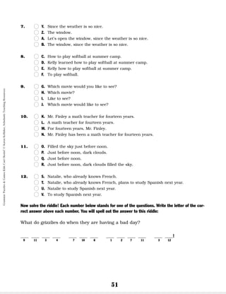 51
7. n
n Y. Since the weather is so nice.
n
n Z. The window.
n
n A. Let’s open the window, since the weather is so nice.
n
n B. The window, since the weather is so nice.
8. n
n C. How to play softball at summer camp.
n
n D. Kelly learned how to play softball at summer camp.
n
n E. Kelly how to play softball at summer camp.
n
n F. To play softball.
9. n
n G. Which movie would you like to see?
n
n H. Which movie?
n
n I. Like to see?
n
n J. Which movie would like to see?
10. n
n K. Mr. Finley a math teacher for fourteen years.
n
n L. A math teacher for fourteen years.
n
n M. For fourteen years, Mr. Finley.
n
n N. Mr. Finley has been a math teacher for fourteen years.
11. n
n O. Filled the sky just before noon.
n
n P. Just before noon, dark clouds.
n
n Q. Just before noon.
n
n R. Just before noon, dark clouds filled the sky.
12. n
n S. Natalie, who already knows French.
n
n T. Natalie, who already knows French, plans to study Spanish next year.
n
n U. Natalie to study Spanish next year.
n
n V. To study Spanish next year.
Now solve the riddle! Each number below stands for one of the questions. Write the letter of the cor-
rect answer above each number. You will spell out the answer to this riddle:
What do grizzlies do when they are having a bad day?
__ __ __ __ __ __ __ __ __ __ __ __ __!
9 11 3 4 7 10 8 1 2 7 11 3 12
Grammar
Puzzles
&
Games
Kids
Can't
Resist!
©
Karen
Kellaher,
Scholastic
Teaching
Resources
 
