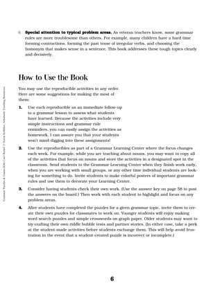 6
• S
Sp
pe
ec
ci
ia
al
l a
at
tt
te
en
nt
ti
io
on
n t
to
o t
ty
yp
pi
ic
ca
al
l p
pr
ro
ob
bl
le
em
m a
ar
re
ea
as
s.
. As veteran teachers know, some grammar
rules are more troublesome than others. For example, many children have a hard time
forming contractions, forming the past tense of irregular verbs, and choosing the
homonym that makes sense in a sentence. This book addresses these tough topics clearly
and decisively.
How to Use the Book
You may use the reproducible activities in any order.
Here are some suggestions for making the most of
them:
1
1.
. Use each reproducible as an immediate follow-up
to a grammar lesson to assess what students
have learned. Because the activities include very
simple instructions and grammar rule
reminders, you can easily assign the activities as
homework. I can assure you that your students
won’t mind digging into these assignments!
2
2.
. Use the reproducibles as part of a Grammar Learning Center where the focus changes
each week. For example, while you are teaching about nouns, you may want to copy all
of the activities that focus on nouns and store the activities in a designated spot in the
classroom. Send students to the Grammar Learning Center when they finish work early,
when you are working with small groups, or any other time individual students are look-
ing for something to do. Invite students to make colorful posters of important grammar
rules and use them to decorate your Learning Center.
3
3.
. Consider having students check their own work. (Use the answer key on page 58 to post
the answers on the board.) Then work with each student to highlight and focus on any
problem areas.
4
4.
. After students have completed the puzzles for a given grammar topic, invite them to cre-
ate their own puzzles for classmates to work on. Younger students will enjoy making
word search puzzles and simple crosswords on graph paper. Older students may want to
try crafting their own riddle bubble tests and partner stories. (In either case, take a peek
at the student-made activities before students exchange them. This will help avoid frus-
tration in the event that a student-created puzzle is incorrect or incomplete.)
Grammar
Puzzles
&
Games
Kids
Can't
Resist!
©
Karen
Kellaher,
Scholastic
Teaching
Resources
 