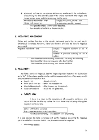 23
 When any verb except be appears without any auxiliaries in the main clause,
the auxiliary do, does or did is used in the simple statement. The subject and
the verb must agree and the tense must be the same.
Affirmative statement + and +
(single verb except be)
Subject + do, does, or did + too
So + do, does, or did + subject
- Jane goes to school, and my sister does too.
- Jane goes to school and so does my sister.
8. NEGATIVE AGREEMENT
Either and neither function in the simple statement much like so and too in
affirmative sentences, however, either and neither are used to indicate negative
agreement.
Negative statement + and Subject + negative auxiliary or be +
either
Neither + positive auxiliary or be +
subject
- I didn’t see Mary this morning. John didn’t see Mary this morning.
I didn’t see Mary this morning, and john didn’t either.
I didn’t see Mary this morning, and neither did John.
9. NEGATION
To make a sentence negative, add the negative particle not after the auxiliary or
verb” be”. If there is no auxiliary or be, add the appropriate form of do, does, or did
and place the word not after that.
John is rich – john is not rich.
Mark is has seen Bill – Mark has not seen Bill.
Marvin likes spinach – Marvin does not like spinach.
Isaac went to class – Isaac did not go to class.
A. SOME/ ANY
If there is a noun in the complement of a negative sentence, one
should add the particle any before the noun. Note: the following rule applies
to use of some and any.
Some – affirmative sentence
Any – negative sentences and questions.
- John has some money – John doesn’t have any money.
It is also possible to make sentences such as this negative by adding the negative
particle no before the noun. In this case, the verb cannot be negative.
o John has no money.
 