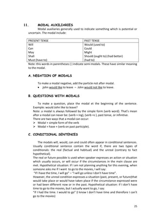25
11. MODAL AUXILIARIES
Modal auxiliaries generally used to indicate something which is potential or
uncertain. The modal include:
PRESENT TENSE PAST TENSE
Will
Can
May
Shall
Must (have to)
Would (used to)
Could
Might
Should (ought to) (had better)
(had to)
Note: this words in parentheses ( ) indicate semi modals. These have similar meaning
to the modal.
A. NEGATION OF MODALS
To make a modal negative, add the particle not after modal.
John would like to leave – John would not like to leave.
B. QUESTIONS WITH MODALS
To make a question, place the modal et the beginning of the sentence.
Example: would John like to leave?
Note: a modal is always followed by the simple form (verb word). That’s mean
after a modal can never be: (verb + ing), (verb +s ), past tense, or infinitive.
There are two ways that a modal can occur:
 Modal + simple form of the verb
 Modal + have + (verb on past participle).
C. CONDITIONAL SENTENCES
The modals will, would, can and could often appear in conditional sentences.
Usually conditional sentence contain the word if, there are two types of
conditionals: the real (factual and habitual) and the unreal (contrary to fact
hypothetical).
The real or future possible is used when speaker expresses an action or situation
which usually occurs, or will occur if the circumstances in the main clause are
met. Hypothetical situation: If I am not planning anything for this evening, when
someone asks me if I want to go to the movies, I will say:
“If I have the time, I will go” – “I will go unless I don’t have time”.
However, the unreal condition expresses a situation (past, present, or future)that
would take place or would have taken place if the circumstance expressed were
or had been different now or in the past. Hypothetical situation: if I don’t have
time to go to the movies, but I actually want to go, I say:
“if I had the time. I would to go” (I know I don’t have time and therefore I can’t
go to the movies)
 
