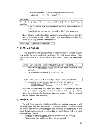 27
(I don’t have the time) ( I’m not going to the beach with you)
- He would tell you about it if he were here.
PAST TIME
If + subject + past perfect . . + (would, could, might) + have + (verb in past
participle
- If we had known that you were there, we would have written you a
letter.
(we didn’t know that you were there) (We didn’t write you a letter)
Note: it is also possible to indicate a past unreal condition without using the
word if. in this case auxiliary had is before, rather than after the subject. The
clause will usually come first in the sentence.
Had + subject + (verb in past participle) . . .
F. AS IF/ AS THOUGH
These conjunctions indicate something unreal or contrary to fact and thus are
very similar in form conditional sentences. The verb which follows these
conjunctions must be in the past tense or past perfect. Always use were never
was.
Subject + verb (present) + (as if/ as though) + subject + verb (past) . . .
- The old lady dresses as if it were winter even in the summer (it is not
winter)
- He acts as though he were rich. (he is not rich)
Subject + verb (past) + (as if/ as though) + subject + verb (past perfect) . . .
- Jeff looked as if he had seen a ghost (he didn’t see a ghost)
- He looked as though he had run ten miles. (he didn’t run ten miles)
Note: the two preceding rules apply only when as if or as though indicate
contrary to fact meaning. At times the do not have that meaning and then
would not be followed by these tense. Example: he looks as if he has finished
the test (perhaps he has finished).
G. HOPE/ WISH
The verb hope is used to indicate something that possibly happened or will
possibly happen. The verb wish is used to indicate something that definitely did
not happen or definitely will not happen. The verb hope can be followed by any
tense. The verb wish must not be followed by any present tense verb or present
tense auxiliary. Example:
We hope that they will come. (we don’t know if they are coming)
We wish that they could come. (they are not coming)
 