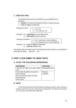 32
C. SIMPLE PAST TENSE
To talk about past events and conditions, you use VERB-2 forms.
Examples:
 I joined the Traditional Competition Dance in Jakarta last year.
 It was my biggest competition.
Telling past events:
Examples: (+) I represeted my junior high school.
(-) I did not feel nervous anymore.
Telling pas conditions:
Examples: (+) It was my biggest competition.
(-) I was not ready for this.
The adverbs that are usually used in the simple past tense sentence are: yesterday, a
week ago, last week, . . . ago, last . . . etc
2. UNIT 2 (I’M SORRY TO HEAR THAT)
A. STUDY THE FOLLOWING EXPRESSIONS
EXPRESSIONS FUNCTIONS
I see; you are right; nice; wow; really?;
is it?
Showing attention
I’m terrible/ dreadfully sorry about. . .
How annoying
You must be very upset/ annoyed
How upsetting
That’s a pity
Showing
sympathy
B. NOTE
In the recount text you may find words and phrases used to start, connect a
sentence with the next one, and end your composition. The phrases and words
are: first, then, next, after that, and finally.
 (+) S + V2
 ( - ) S + did not + V1.
 (+) S + was/ were + noun/ adjective
 (-) S + was/ were not + noun/ adjective
 