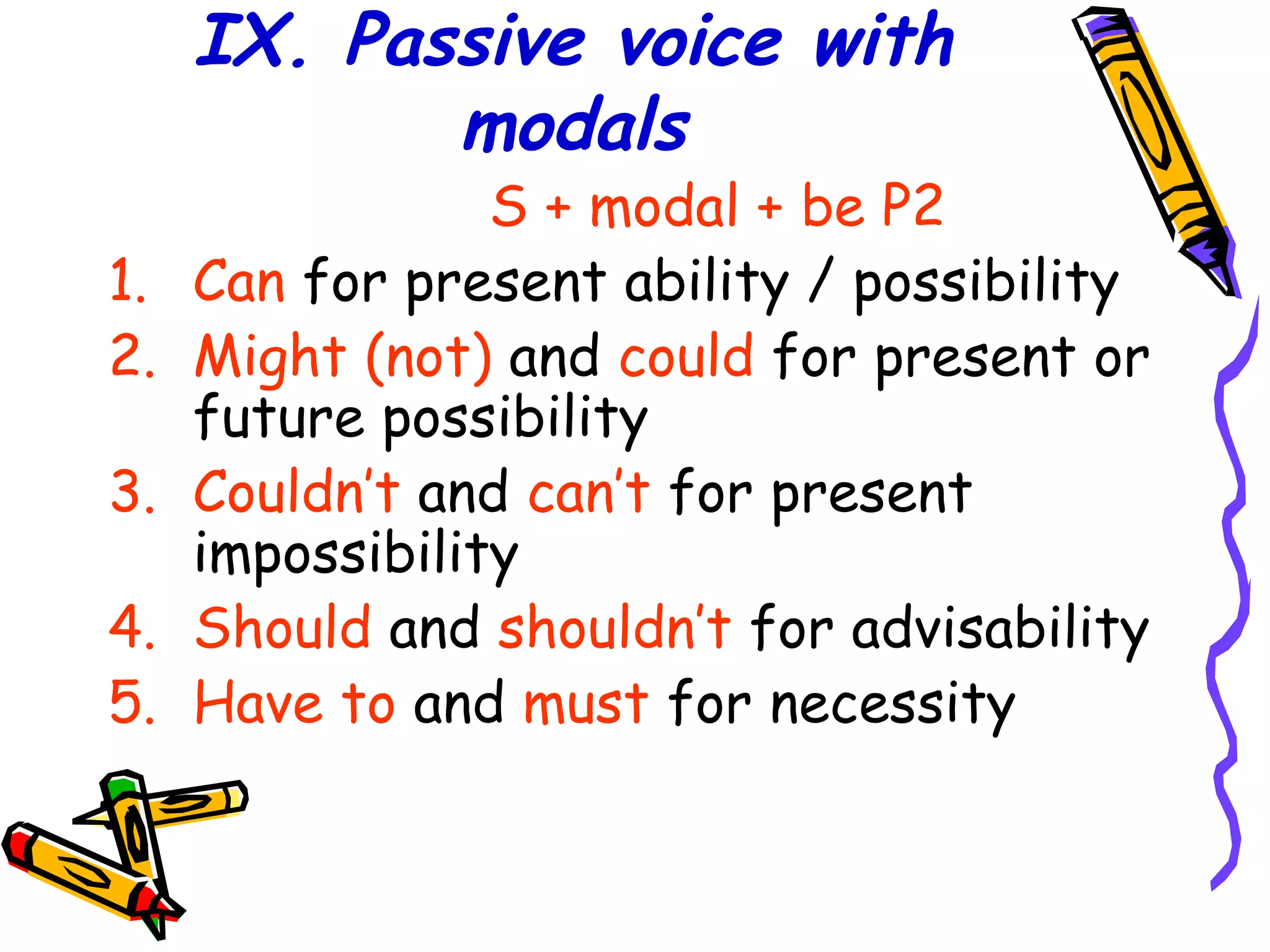 IX. Passive voice with
modals
S + modal + be P2
1. Can for present ability / possibility
2. Might (not) and could for present or
future possibility
3. Couldn’t and can’t for present
impossibility
4. Should and shouldn’t for advisability
5. Have to and must for necessity
 