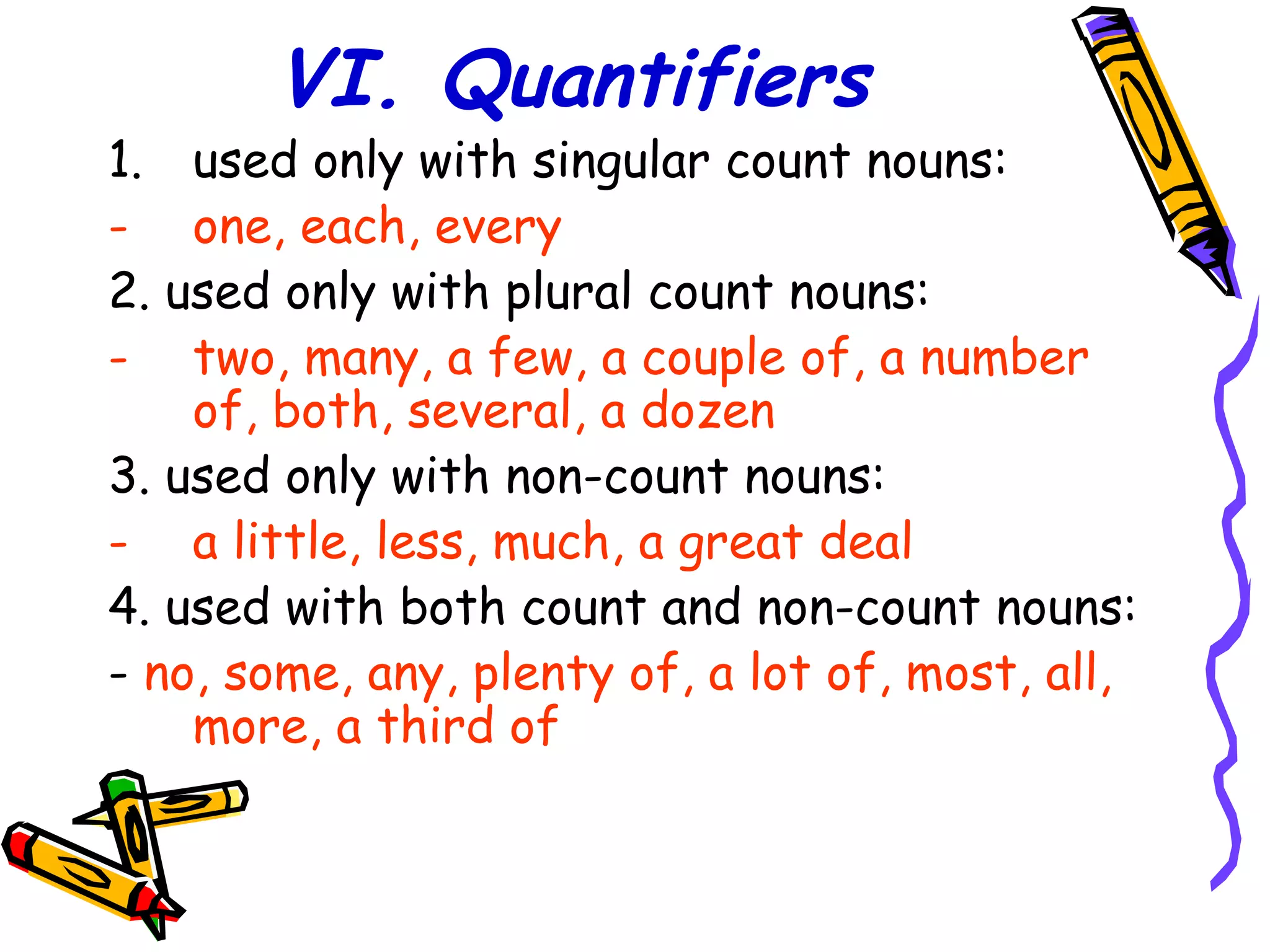 VI. Quantifiers
1. used only with singular count nouns:
- one, each, every
2. used only with plural count nouns:
- two, many, a few, a couple of, a number
of, both, several, a dozen
3. used only with non-count nouns:
- a little, less, much, a great deal
4. used with both count and non-count nouns:
- no, some, any, plenty of, a lot of, most, all,
more, a third of
 