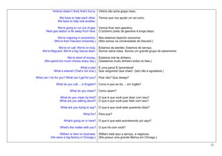 Victoria doesn’t think that’s funny. Vitória não acha graça nisso.

                 We have to help each other. Temos que nos ajudar um ao outro.
                We have to help one another.

               We’re going to run out of gas. Vamos ficar sem gasolina.
       Next gas station is far away from here. O próximo posto de gasolina é longe daqui.

               We’re majoring in economics. Nós estamos fazendo economia.
             (We’re from Harvard University.) (Nós somos na Universidade de Harvard.)

                 We’re on call. We’re on duty. Estamos de plantão. Estamos de serviço.
    We’re lifeguard. We’re a big rescue team. Somos salva-vidas. Somos um grande grupo de salvamento.

                      We’re short of money. Estamos mal de dinheiro.
      (We spend too much money every day.) (Gastamos muito dinheiro todos os dias.)

                               What a pity! É uma pena! É lamentável!
             What a shame! (That’s not nice.) Que vergonha! Que chato! (Isto não é agradável.)

What can I do for you? What can I get for you? Pois não? Que deseja?

              What do you call ... in English? Como é que se diz ... em inglês?

                         What do you mean? Como assim?

                 What do you mean by that? O que é que você quer dizer com isso?
                 What are you talking about? O que é que você quer falar com isso?

                  What are you trying to say? O que é que você está querendo dizer?

                                    What for? Para que?

                    What's going on in here? O que é que está acontecendo por aqui?

                 What's the matter with you? O que há com você?

                William is here on business. William está aqui a serviço, a negócios.
          (He owns a big factory in Chicago.) (Ele possui uma grande fábrica em Chicago.)

                                                                                                        13
 