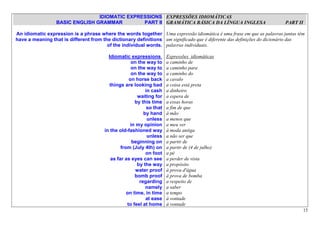 IDIOMATIC EXPRESSIONS EXPRESSÕES IDIOMÁTICAS
                 BASIC ENGLISH GRAMMAR         PART II GRAMÁTICA BÁSICA DA LÍNGUA INGLESA                              PART II

An idiomatic expression is a phrase where the words together Uma expressão idiomática é uma frase em que as palavras juntas têm
have a meaning that is different from the dictionary definitions um significado que é diferente das definições do dicionário das
                                        of the individual words. palavras individuais.

                                         Idiomatic expressions        Expressões idiomáticas
                                                    on the way to     a caminho de
                                                    on the way to     a caminho para
                                                    on the way to     a caminho do
                                                   on horse back      a cavalo
                                         things are looking bad       a coisa está preta
                                                           in cash    a dinheiro
                                                       waiting for    a espera de
                                                      by this time    a essas horas
                                                            so that   a fim de que
                                                          by hand     à mão
                                                            unless    a menos que
                                                   in my opinion      a meu ver
                                       in the old-fashioned way       à moda antiga
                                                            unless    a não ser que
                                                    beginning on      a partir de
                                               from (July 4th) on     a partir de (4 de julho)
                                                           on foot    a pé
                                          as far as eyes can see      a perder de vista
                                                       by the way     a propósito
                                                      water proof     à prova d'água
                                                      bomb proof      à prova de bomba
                                                        regarding     a respeito de
                                                           namely     a saber
                                                  on time, in time    a tempo
                                                           at ease    à vontade
                                                  to feel at home     à vontade
                                                                                                                                 15
 
