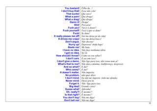 You bastard!      Filho da...!
          I don't buy that!     Essa não cola!
                That sucks!     Que saco!
               What a pain!     Que droga!
              What a drag!      Que droga!
                    Damn it!    Droga!
                        Shit!   Porcaria!
                  Fuck you!     Vai à si danar!
            Fuck yourself!      Você é que se dane!
                       Fuck!    Se dane!
It really pisses me off!        Isto me deixa pé da vida!
      It drives me crazy!       Isso me deixa louco!
               Don't argue.     Não discute!
                   Hurry up!    Depressa! Anda logo!
                  Beats me!     Me bata.
            I have no idea.     Não faço nenhuma idéia.
              I got no idea.    Sei lá.
   How should I know?           Como eu vou saber?
                I don't care.   E eu com isso?
    I don't give a damn.        Não ligo para isso, não estou nem aí!
     What's that to me?         Não dou a mínima. (indiferença, desprezo)
             And so what?       E daí?
                Who cares?      E daí?
        It doesn't matter.      Não importa;
               No problem.      não quer dizer.
               I don't mind.    Eu não me importo. (não me ofendo)
                Never mind.     Deixa pra lá.
                   Forget it.   Não liga para isso.
                   Big deal!    Grande coisa!
               Guess what!      Adivinha!
                Oh, really?!    É mesmo!?
              Is that right?    É mesmo!?
            You don't say!      Não me diga!
              Don't tell me!    Não me diga!
                                                                            35
 