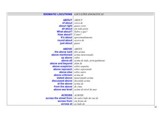 IDIOMATIC LOCUTIONS LOCUÇÕES IDIOMÁTICAS

                ABOUT     ABOUT
               of about   cerca de
           about right    quase certo
              all about   em toda parte
          What about?     Sobre o que?
          How about?      Como?
             It’s about   aproximadamente
          round about     acerca de
            just about    quase

               ABOVE      ABOVE
        the above said    dito acima
     above mentioned      acima mencionado
              up above    sobre
              above all   acima de tudo, principalmente
    above and beyond      além de
      above suspicion     sobre suspeita
       above reproach     sobre repreensão
            above else    sobre outro
       above criticism    acima de
          stated above    mencionado acima
     discussed above      discutido acima
          at the above    acima de
       from the above     de cima
       above sea level    acima do nível do mar

              ACROSS      ACROSS
 across the street from   do outro lado da rua de
           across from    em frente de
              across at   ao lado de
                                                          42
 