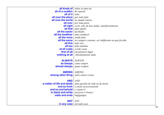all kinds of      todos os tipos de
          all of a sudden        de repente
                     all of it   todo
       all over the place        por todo lado
       all over the world        no mundo inteiro
                    all over     por toda parte
                    all right    certo, sim, de boa saúde, satisfatoriamente
                     all that    tudo aquilo
             all the easier      facilitado
         all the healthier       mais saudável
              all the more       ainda mais
              all the same       ser sempre o mesmo, ser indiferente ao que foi dito
                     all this    tudo isso
                     all too     tudo também
               at all costs      a todo custo
                 first of all    em primeiro lugar
            nothing at all        absolutamente nada

                ALWAYS ALWAYS
               as always como sempre
           almost always quase sempre

               AMONG AMONG
      among other thing entre outras coisas

                      AND        AND
a matter of life and death       uma questão de vida ou de morte
              and so forth       e assim sucessivamente
      and so and behold          e vejam só
      in black and white         em preto e branco
          odds and ends          bugigangas

                     ANY ANY
              in any case em todo caso
                                                                                       44
 