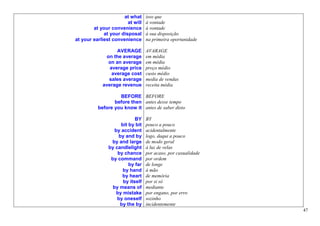 at what     isso que
                        at will   à vontade
        at your convenience       à vontade
             at your disposal     à sua disposição
at your earliest convenience      na primeira oportunidade

                  AVERAGE         AVARAGE
             on the average       em média
              on an average       em média
               average price      preço médio
                average cost      custo médio
              sales average       media de vendas
            average revenue       receita média

                   BEFORE BEFORE
                 before then antes desse tempo
          before you know it antes de saber disto

                            BY    BY
                     bit by bit   pouco a pouco
                  by accident     acidentalmente
                    by and by     logo, daqui a pouco
                by and large      de modo geral
               by candlelight     à luz de velas
                   by chance      por acaso, por casualidade
                by command        por ordem
                         by far   de longe
                      by hand     à mão
                     by heart     de memória
                      by itself   por si só
                 by means of      mediante
                   by mistake     por engano, por erro
                   by oneself     sozinho
                    by the by     incidentemente
                                                               47
 