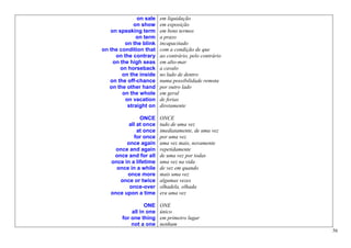 on sale    em liquidação
             on show     em exposição
   on speaking term      em bons termos
              on term    a prazo
         on the blink    incapacitado
on the condition that    com a condição de que
     on the contrary     ao contrário, pelo contrário
    on the high seas     em alto-mar
       on horseback      a cavalo
        on the inside    no lado de dentro
   on the off-chance     numa possibilidade remota
   on the other hand     por outro lado
        on the whole     em geral
         on vacation     de ferias
          straight on    diretamente

               ONCE      ONCE
          all at once    tudo de uma vez
              at once    imediatamente, de uma vez
            for once     por uma vez
         once again      uma vez mais, novamente
     once and again      repetidamente
    once and for all     de uma vez por todas
   once in a lifetime    uma vez na vida
     once in a while     de vez em quando
         once more       mais uma vez
      once or twice      algumas vezes
          once-over      olhadela, olhada
   once upon a time      era uma vez

                  ONE    ONE
            all in one   único
        for one thing    em primeiro lugar
            not a one    nenhum
                                                        56
 