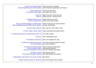 I have to memorize the dialog. Tenho que decorar o diálogo.
           (I’ll have English test just in after minutes.) (Só terei teste de inglês depois de minutos.)

                                  I hope it doesn't rain. Tomara que não chova.
                           (I’m going to travel tonight.) (Vou viajar hoje à noite.)

                                             I hope not. Espero que não. Tomara que não.
                                              I hope so. Espero que sim. Tomara que sim.

                            I’ll always be there for you. Estarei sempre a seu lado.
                                 (You’re my best friend.) (Você é meu melhor amigo.)

       I’ll go on vacation (holidays) in eighteen days. Faltam 18 dias para eu entrar em férias.
 There are eighteen days left before I go on vacation. Até logo. Até amanhã.

                             I'll see you later. See you. Estou com frio / fome / sede / medo.

                      I’m cold / hungry / thirsty / afraid. Fiquei conhecendo sua esposa ontem.

I'm going to get a haircut. I'm going to get my hair cut. Vou cortar o cabelo.

                                             I miss you. Tenho saudades de você.

                           I'm homesick. I miss home. Estou com saudades de casa.

                  I'm still trying, I haven't given up yet. Eu continuo tentando, ainda não desisti.
                                       (I’m very obstinate.) (Sou muito obstinado.)

                       I'm very sorry for those people. Tenho muita pena dessa gente.
                            (They’re stubborn people. (São pessoas teimosas.
                      They won’t change their minds.) Elas não mudarão suas idéias.)

                                  Is anybody missing? Está faltando alguém?
                    (Yes, there’s one person missing.) (Sim, está faltando uma pessoa.)

  It doesn't help. It won't help. It's no use. It's no help. Não adianta.

            It doesn't make any sense. It's nonsense. Isto não tem lógica; não faz sentido.

                                                                                                           6
 
