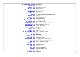 at one time or another          alguma vez
                at one time     uma vez
             at some time       em algum momento
              at such time      nesta ocasião
   at the same time as          ao mesmo tempo que
             at the time of     na hora de
                at this time    neste momento
                    at times    às vezes, ocasionalmente, em ocasiões
               behind time      atrasado
              closing time      hora de fechamento
           for a long time      por muito tempo
    for some time now           de algum tempo para cá
         for the first time     pela primeira vez
      for the time being        por enquanto, temporariamente
       from that time on        a partir daquele momento
       from time to time        de vez em quando
         in ancient times       antigamente
                in due time     pontual
              in good time      em tempo
  in the course of time         com o passar do tempo
          in time to come       futuramente
                      in time   em tempo
        most of the time        na maioria das vezes
           now of all time      justamente agora
      on company time           durante horário de trabalho
                     on time    na hora certa, exatamente na hora
                  over time     com o passar do tempo
              the first time    a primeira vez em que
           time after time      repetidas vezes
                  time limit    prazo
                  time loan     empréstimo a prazo
                    time out    intervalo, tempo livre
           up to that time      até lá
           up to this time      até agora
                                                                        60
 