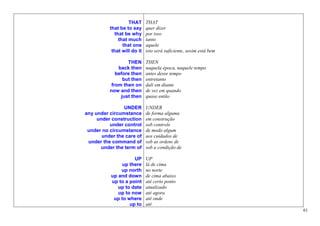 THAT      THAT
          that be to say     quer dizer
            that be why      por isso
              that much      tanto
                that one     aquele
           that will do it   isto será suficiente, assim está bem

                  THEN       THEN
              back then      naquela época, naquele tempo
             before then     antes desse tempo
                but then     entretanto
           from then on      dali em diante
          now and then       de vez em quando
               just then     quase então

                UNDER        UNDER
any under circumstance       de forma alguma
     under construction      em construção
          under control      sob controle
 under no circumstance       de modo algum
       under the care of     aos cuidados de
 under the command of        sob as ordens de
      under the term of      sob a condição de

                     UP      UP
                up there     lá de cima
               up north      no norte
           up and down       de cima abaixo
           up to a point     até certo ponto
              up to date     atualizado
              up to now      até agora
            up to where      até onde
                   up to     até
                                                                    61
 