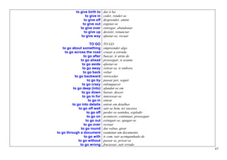 to give birth to     dar à luz
                    to give in    ceder, render-se
                   to give off    desprender, emitir
                  to give out     esgotar-se
                to give over      entregar, abandonar
                   to give up     desistir, renunciar
                 to give way      afastar-se, recuar

                        TO GO     TO GO
    to go about something         empreender algo
     to go across the road        cruzar a estrada
                    to go after   buscar, ir atrás de
                 to go ahead      prosseguir, ir avante
                  to go aside     afastar-se
                   to go away     retirar-se, ir embora
                   to go back     voltar
            to go backward        retroceder
                      to go by    passar por, seguir
                  to go crazy     enlouquecer
           to go deep (into)      afundar-se em
                  to go down      baixar, descer
                  to go in for    interessar-se
                       to go in   entrar
          to go into details      entrar em detalhes
               to go off well     sair-se bem, ter sucesso
                      to go off   perder os sentidos, explodir
                      to go on    acontecer, continuar, prosseguir
                     to go out    extinguir-se, apagar-se
                    to go over    revisar
                 to go round      dar voltas, girar
to go through a document          examinar um documento
                    to go with    ir com, sair acompanhado de
               to go without      passar se, privar-se
                to go wrong       fracassar, sair errado
                                                                     67
 