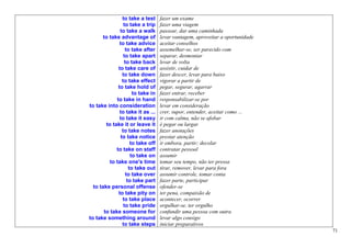 to take a test     fazer um exame
                  to take a trip    fazer uma viagem
               to take a walk       passear, dar uma caminhada
      to take advantage of          levar vantagem, aproveitar a oportunidade
               to take advice       aceitar conselhos
                   to take after    assemelhar-se, ser parecido com
                  to take apart     separar, desmontar
                  to take back      levar de volta
              to take care of       assistir, cuidar de
                 to take down       fazer descer, levar para baixo
                 to take effect     vigorar a partir de
              to take hold of       pegar, segurar, agarrar
                       to take in   fazer entrar, receber
             to take in hand        responsabilizar-se por
to take into consideration          levar em consideração
               to take it as ...    crer, supor, entender, aceitar como ...
               to take it easy      ir com calma, não se afobar
        to take it or leave it      é pegar ou largar
                 to take notes      fazer anotações
                to take notice      prestar atenção
                      to take off   ir embora, partir; decolar
             to take on staff       contratar pessoal
                      to take on    assumir
          to take one's time        tomar seu tempo, não ter pressa
                     to take out    tirar, remover, levar para fora
                   to take over     assumir controle, tomar conta
                    to take part    fazer parte, participar
  to take personal offense          ofender-se
              to take pity on       ter pena, compaixão de
                 to take place      acontecer, ocorrer
                  to take pride     orgulhar-se, ter orgulho
       to take someone for          confundir uma pessoa com outra
to take something around            levar algo consigo
                 to take steps      iniciar preparativos
                                                                                71
 