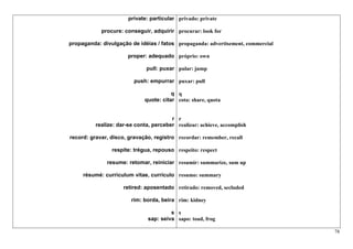 private: particular privado: private

            procure: conseguir, adquirir procurar: look for

propaganda: divulgação de idéias / fatos propaganda: advertisement, commercial

                       proper: adequado próprio: own

                              pull: puxar pular: jump

                         push: empurrar puxar: pull

                                        q q
                             quote: citar cota: share, quota


                                        r r
          realize: dar-se conta, perceber realizar: achieve, accomplish

record: gravar, disco, gravação, registro recordar: remember, recall

                respite: trégua, repouso respeito: respect

              resume: retomar, reiniciar resumir: summarize, sum up

     résumé: curriculum vitae, currículo resumo: summary

                     retired: aposentado retirado: removed, secluded

                        rim: borda, beira rim: kidney

                                        s s
                               sap: seiva sapo: toad, frog

                                                                                 78
 