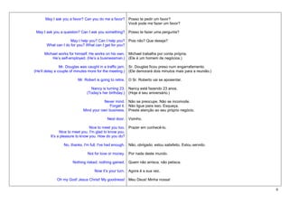 May I ask you a favor? Can you do me a favor? Posso te pedir um favor?
                                                    Você pode me fazer um favor?

 May I ask you a question? Can I ask you something? Posso te fazer uma pergunta?

                     May I help you? Can I help you? Pois não? Que deseja?
       What can I do for you? What can I get for you?

      Michael works for himself. He works on his own. Michael trabalha por conta própria.
          He’s self-employed. (He’s a businessman.) (Ele é um homem de negócios.)

                Mr. Douglas was caught in a traffic jam. Sr. Douglas ficou preso num engarrafamento.
(He’ll delay a couple of minutes more for the meeting.) (Ele demorará dois minutos mais para a reunião.)

                         Mr. Robert is going to retire. O Sr. Roberto vai se aposentar.

                                 Nancy is turning 23. Nancy está fazendo 23 anos.
                               (Today’s her birthday.) (Hoje é seu aniversário.)

                                        Never mind. Não se preocupe. Não se incomode.
                                          Forget it. Não ligue para isso. Esqueça.
                            Mind your own business. Preste atenção ao seu próprio negócio.

                                           Next door. Vizinho.

                                 Nice to meet you too. Prazer em conhecê-lo.
               Nice to meet you. I'm glad to know you.
         It's a pleasure to know you. How do you do?

                 No, thanks. I'm full. I've had enough. Não, obrigado; estou satisfeito. Estou servido.

                               Not for love or money. Por nada deste mundo.

                      Nothing risked, nothing gained. Quem não arrisca, não petisca.

                                   Now it’s your turn. Agora é a sua vez.

             Oh my God! Jesus Christ! My goodness! Meu Deus! Minha nossa!

                                                                                                           9
 