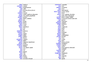 obey     obedecer                        command          comandar
common        comum                                   rare     raro
     often    freqüentemente                     seldom        raramente
        old   velho                                   new      novo
      cool    frescura, fresca, frescor             warm       aquecimento
     open     abrir                          shut / close      cerrar / fechar
  coward      covarde                                hero      herói
    order     ordem, seqüência, disposição         chaos       caos, confusão, desordem
    laugh     riso, risada, gargalhada                  cry    grito, choro, lamentação
  pardon      perdoar                            punish        punir, castigar, infligir
     daily    diário, cotidiano                  nightly       evento que acontece toda noite
   peace      paz                                     war      guerra
  danger      perigo                               safety      segurança
   plural     plural                            singular       singular
      dark    escuro                               bright      luminoso
    polite    cortês                                 rude      rude
    dawn      amanhecer                              dusk      crepúsculo
      rich    rico                                   poor      pobre
       day    dia                                   night      noite
powerful      poderoso                              weak       fraco
 shallow      raso                                   deep      profundo
   praise     elogiar                              blame       culpar
   height     altura                               depth       profundidade
   public     público                            private       privado
        die   morrer                                   live    viver
purchase      comprar                                  sell    vender
 difficult    difícil                                easy      fácil
     push     empurrar, impulsionar                   pull     puxar, arrastar
   divide     dividir                           multiply       multiplicar
question      pergunta                           answer        resposta
   drunk      bêbado                               sober       sóbrio
    quick     vivo, ligeiro, rápido                  slow      lento,vagaroso, demorado
        dry   seco                                     wet     molhado
       raw    cru                                cooked        cozido
     giant    gigante                               dwarf      anão
       real   real                            imaginary        imaginário
     early    cedo                                    late     tarde
     right    direita                                   left   esquerda
     west     oriental                                east     oeste
       rise   ascensão, elevação                        fall   queda
                                                                                                97
 