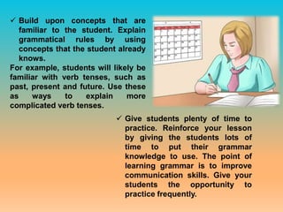 Build upon concepts that are
familiar to the student. Explain
grammatical rules by using
concepts that the student already
knows.
For example, students will likely be
familiar with verb tenses, such as
past, present and future. Use these
as ways to explain more
complicated verb tenses.
 Give students plenty of time to
practice. Reinforce your lesson
by giving the students lots of
time to put their grammar
knowledge to use. The point of
learning grammar is to improve
communication skills. Give your
students the opportunity to
practice frequently.
 