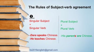 tis2016english@gmail.com
The Rules of Subject-verb agreement
.
Singular Subject
+
Singular Verb
-Dara speaks Chinese.
-He teaches Chinese.
Plural Subject
+
Plural Verb
-His parents are Chinese.
 