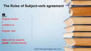 tis2016english@gmail.com
The Rules of Subject-verb agreement
.
Singular Subject
+
modifiers (s)
+
Singular Verb
Dara with his students
speaks Chinese fluently.
 