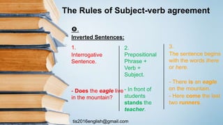 tis2016english@gmail.com
.
Inverted Sentences:
1.
Interrogative
Sentence.
- Does the eagle live
in the mountain?
2.
Prepositional
Phrase +
Verb +
Subject.
- In front of
students
stands the
teacher.
3.
The sentence begins
with the words there
or here.
- There is an eagle
on the mountain.
- Here come the last
two runners.
The Rules of Subject-verb agreement
 
