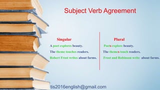 tis2016english@gmail.com
Singular Plural
A poet explores beauty. Poets explore beauty.
The theme touches readers. The themes touch readers.
Robert Frost writes about farms. Frost and Robinson write about farms.
Subject Verb Agreement
 