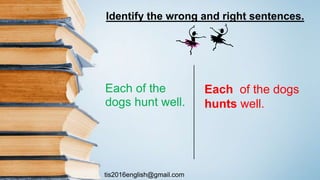 tis2016english@gmail.com
Each of the
dogs hunt well.
Each of the dogs
hunts well.
Identify the wrong and right sentences.
 