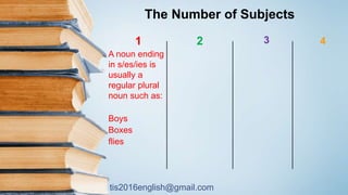 tis2016english@gmail.com
41
A noun ending
in s/es/ies is
usually a
regular plural
noun such as:
Boys
Boxes
flies
2 3
The Number of Subjects
 