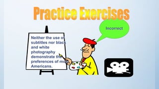 Neither the use of
subtitles nor black
and white
photography
demonstrate the
preferences of most
Americans.
Incorrect
 