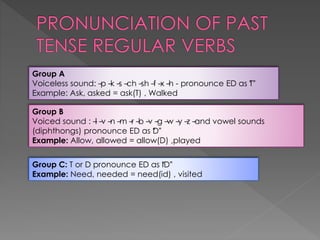 Group A
Voiceless sound: –p –k –s –ch –sh –f –x –h - pronounce ED as “T”
Example: Ask, asked = ask(T) , Walked
Group B
Voiced sound : –l –v –n –m –r –b –v –g –w –y –z –and vowel sounds
(diphthongs) pronounce ED as “D”
Example: Allow, allowed = allow(D) ,played
Group C: T or D pronounce ED as “ID”
Example: Need, needed = need(id) , visited
 