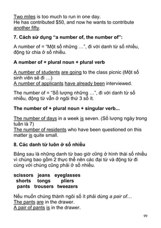 99 
Two miles is too much to run in one day. 
He has contributed $50, and now he wants to contribute 
another fifty. 
7. Cách sử dụng “a number of, the number of”: 
A number of = “Một số những …”, đi với danh từ số nhiều, 
động từ chia ở số nhiều. 
A number of + plural noun + plural verb 
A number of students are going to the class picnic (Một số 
sinh viên sẽ đi …) 
A number of applicants have already been interviewed. 
The number of = “Số lượng những …”, đi với danh từ số 
nhiều, động từ vẫn ở ngôi thứ 3 số ít. 
The number of + plural noun + singular verb... 
The number of days in a week is seven. (Số lượng ngày trong 
tuần là 7) 
The number of residents who have been questioned on this 
matter is quite small. 
8. Các danh từ luôn ở số nhiều 
Bảng sau là những danh từ bao giờ cũng ở hình thái số nhiều 
vì chúng bao gồm 2 thực thể nên các đại từ và động từ đi 
cùng với chúng cũng phải ở số nhiều. 
scissors 
shorts 
pants 
jeans 
tongs 
trousers 
eyeglasses 
pliers 
tweezers 
Nếu muốn chúng thành ngôi số ít phải dùng a pair of… 
The pants are in the drawer. 
A pair of pants is in the drawer.  