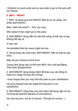 32 
I finished my work early and so was able to go to the pub with 
my friends. 
II. MAY – MIGHT 
1. MAY và dạng quá khứ MIGHT diễn tả sự xin phép, cho 
phép (permission). 
May I take this book? – Yes, you may. 
She asked if she might go to the party. 
2. MAY/MIGHT dùng diễn tả một khả năng có thể xảy ra hay 
không thể xảy ra. 
It may rain. 
He admitted that the news might be true. 
3. Dùng trong câu cảm thán, MAY/MIGHT diễn tả một lời cầu 
chúc. 
May all your dreams come true! 
Trong cách dùng này có thể xem MAY như một loại Bàng 
Thái cách (Subjunctive). 
4. MAY/MIGHT dùng trong mệnh đề theo sau các động từ 
hope (hy vọng) và trust (tin tưởng). 
I trust (hope) that you may find this plan to your satisfaction. 
He trust (hoped) that we might find the plan to our 
satisfaction. 
5. MAY/MIGHT dùng thay cho một mệnh đề trạng ngữ chỉ sự 
nhượng bộ (adverb clauses of concession). 
He may be poor, but he is honest. (Though he is poor…)  