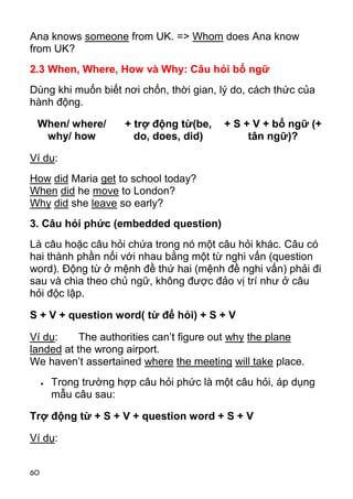 60 
Ana knows someone from UK. => Whom does Ana know 
from UK? 
2.3 When, Where, How và Why: Câu hỏi bổ ngữ 
Dùng khi muốn biết nơi chốn, thời gian, lý do, cách thức của 
hành động. 
When/ where/ 
why/ how 
+ trợ động từ(be, 
do, does, did) 
+ S + V + bổ ngữ (+ 
tân ngữ)? 
Ví dụ: 
How did Maria get to school today? 
When did he move to London? 
Why did she leave so early? 
3. Câu hỏi phức (embedded question) 
Là câu hoặc câu hỏi chứa trong nó một câu hỏi khác. Câu có 
hai thành phần nối với nhau bằng một từ nghi vấn (question 
word). Động từ ở mệnh đề thứ hai (mệnh đề nghi vấn) phải đi 
sau và chia theo chủ ngữ, không được đảo vị trí như ở câu 
hỏi độc lập. 
S + V + question word( từ để hỏi) + S + V 
Ví dụ: The authorities can’t figure out why the plane 
landed at the wrong airport. 
We haven’t assertained where the meeting will take place. 
 Trong trường hợp câu hỏi phức là một câu hỏi, áp dụng 
mẫu câu sau: 
Trợ động từ + S + V + question word + S + V 
Ví dụ: 
 
