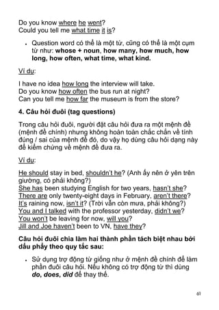 61 
Do you know where he went? 
Could you tell me what time it is? 
 Question word có thể là một từ, cũng có thể là một cụm 
từ như: whose + noun, how many, how much, how 
long, how often, what time, what kind. 
Ví dụ: 
I have no idea how long the interview will take. 
Do you know how often the bus run at night? 
Can you tell me how far the museum is from the store? 
4. Câu hỏi đuôi (tag questions) 
Trong câu hỏi đuôi, người đặt câu hỏi đưa ra một mệnh đề 
(mệnh đề chính) nhưng không hoàn toàn chắc chắn về tính 
đúng / sai của mệnh đề đó, do vậy họ dùng câu hỏi dạng này 
để kiểm chứng về mệnh đề đưa ra. 
Ví dụ: 
He should stay in bed, shouldn’t he? (Anh ấy nên ở yên trên 
giường, có phải không?) 
She has been studying English for two years, hasn’t she? 
There are only twenty-eight days in February, aren’t there? 
It’s raining now, isn’t it? (Trời vẫn còn mưa, phải không?) 
You and I talked with the professor yesterday, didn’t we? 
You won’t be leaving for now, will you? 
Jill and Joe haven’t been to VN, have they? 
Câu hỏi đuôi chia làm hai thành phần tách biệt nhau bởi 
dấu phẩy theo quy tắc sau: 
 Sử dụng trợ động từ giống như ở mệnh đề chính để làm 
phần đuôi câu hỏi. Nếu không có trợ động từ thì dùng 
do, does, did để thay thế. 
 