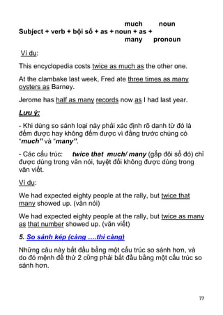 77 
Subject + verb + bội số + as + 
much 
noun + as + 
many 
noun 
pronoun 
Ví dụ: 
This encyclopedia costs twice as much as the other one. 
At the clambake last week, Fred ate three times as many 
oysters as Barney. 
Jerome has half as many records now as I had last year. 
Lưu ý: 
- Khi dùng so sánh loại này phải xác định rõ danh từ đó là 
đếm được hay không đếm được vì đằng trước chúng có 
“much” và “many”. 
- Các cấu trúc: twice that much/ many (gấp đôi số đó) chỉ 
được dùng trong văn nói, tuyệt đối không được dùng trong 
văn viết. 
Ví dụ: 
We had expected eighty people at the rally, but twice that 
many showed up. (văn nói) 
We had expected eighty people at the rally, but twice as many 
as that number showed up. (văn viết) 
5. So sánh kép (càng ….thì càng) 
Những câu này bắt đầu bằng một cấu trúc so sánh hơn, và 
do đó mệnh đề thứ 2 cũng phải bắt đầu bằng một cấu trúc so 
sánh hơn.  